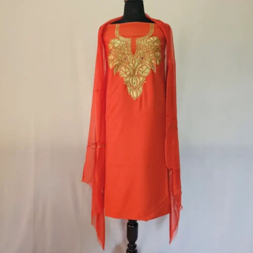 Rustic Red 3PC Tilla Embroidered Cotton Kashmiri Suit - Dal Jheel