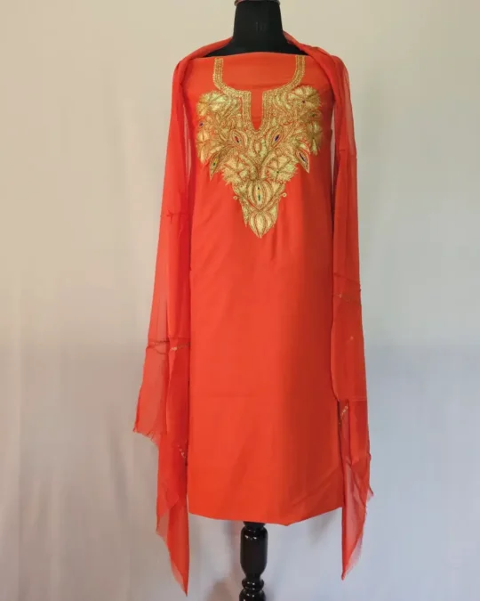 Rust 3PC Tilla Embroidered Cotton Kashmiri Suit - Dal Jheel