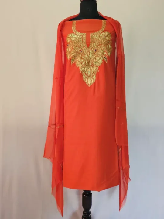 Rust 3PC Tilla Embroidered Cotton Kashmiri Suit - Dal Jheel