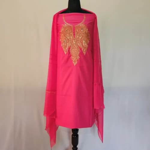 Pink 3PC Tilla Embroidered Cotton Kashmiri Suit - Dal Jheel