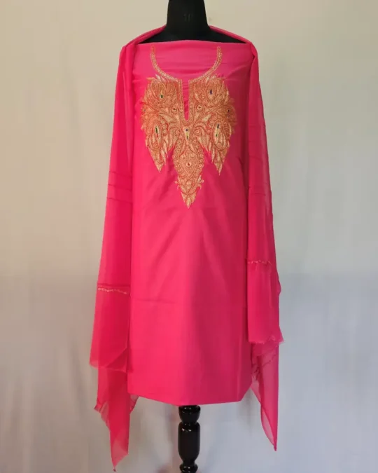 Pink 3PC Tilla Embroidered Cotton Kashmiri Suit - Dal Jheel