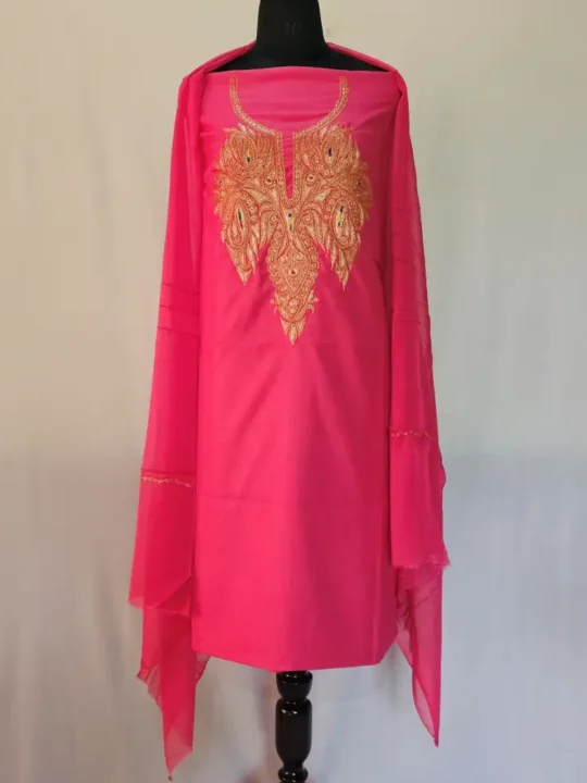 Pink 3PC Tilla Embroidered Cotton Kashmiri Suit - Dal Jheel