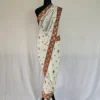 White Georgette Saree with Sozni Embroidery from Kashmir | Lal Bazaar