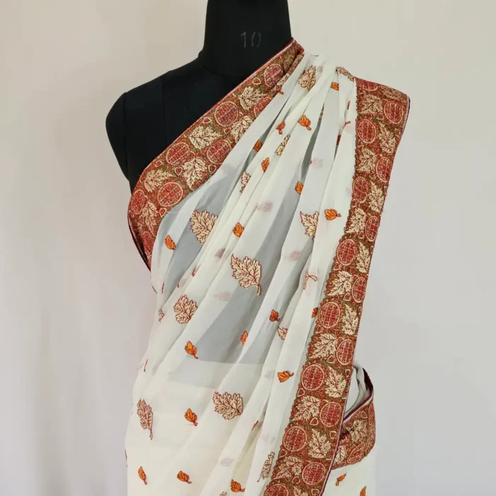 White Georgette Saree with Sozni Embroidery from Kashmir | Lal Bazaar - Image 2