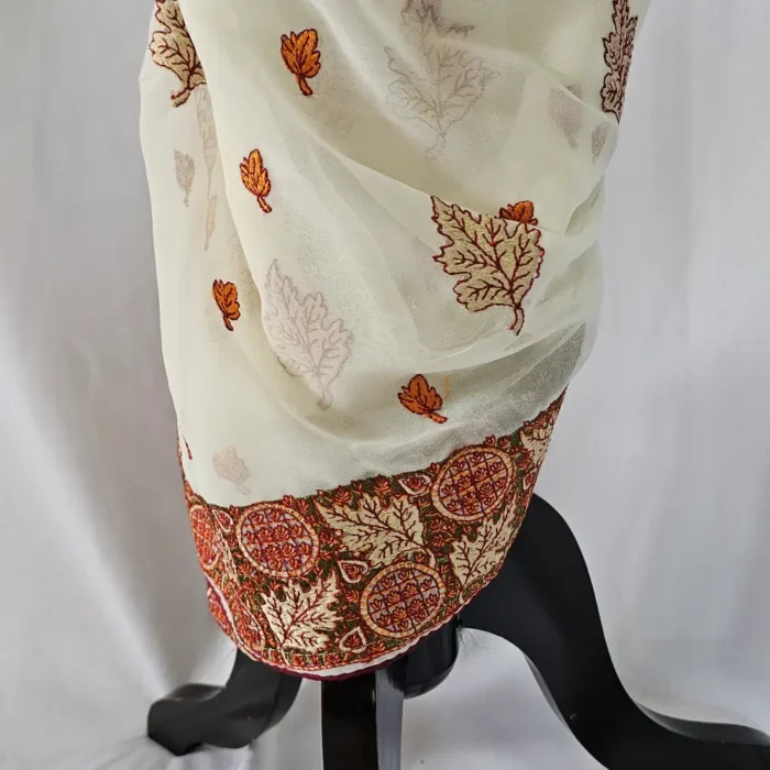 White Georgette Saree with Sozni Embroidery from Kashmir | Lal Bazaar - Image 3