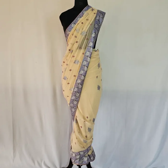 Sozni Embroidered Peach Georgette Saree from Srinagar | Lal Bazaar