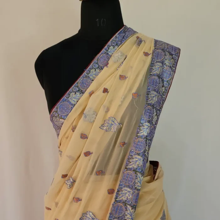 Sozni Embroidered Peach Georgette Saree from Srinagar | Lal Bazaar - Image 2