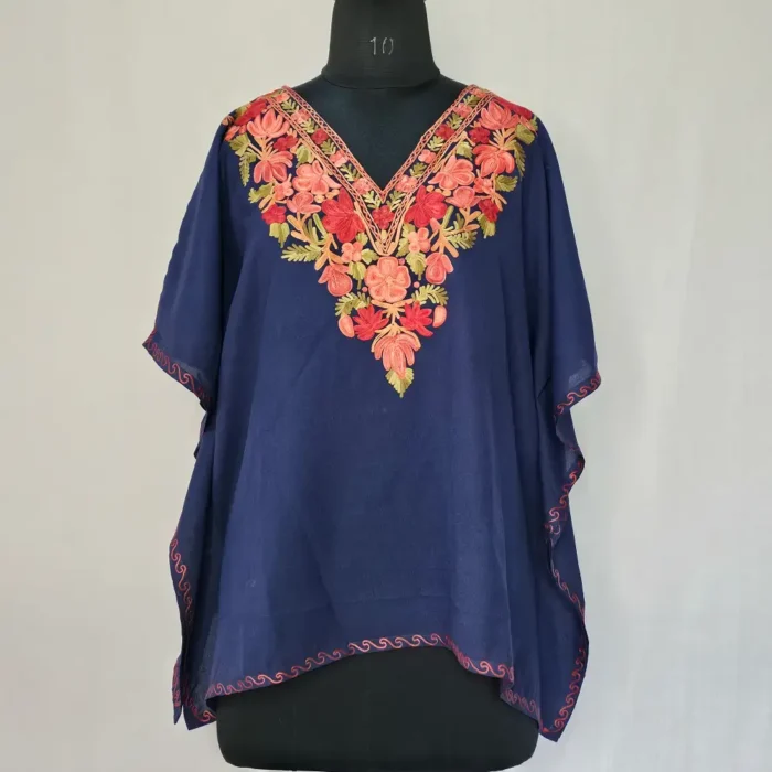 Dark Blue Short Kashmiri Kaftan | Crop Top | Mini Kaftan With Ariwork - Dal Jheel