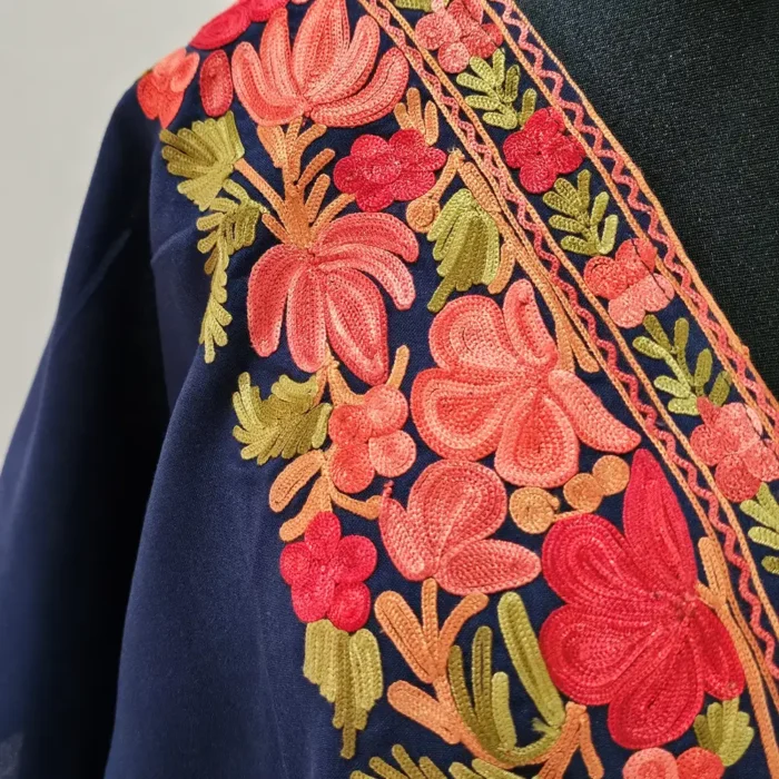 Dark Blue Short Kashmiri Kaftan | Crop Top | Mini Kaftan With Ariwork - Dal Jheel - Image 3