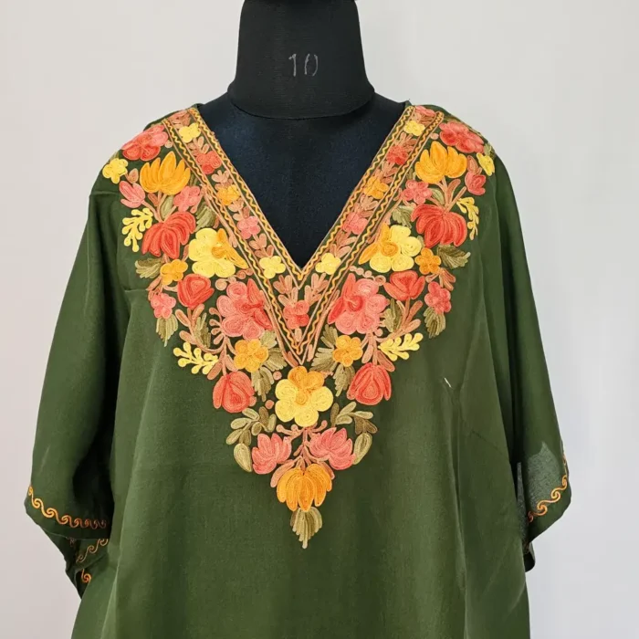 Olive Green Short Kashmiri Kaftan | Crop Top | Mini Kaftan With Ariwork - Dal Jheel - Image 2