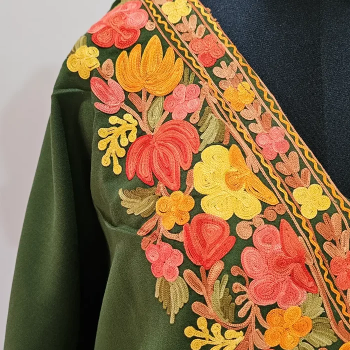 Olive Green Short Kashmiri Kaftan | Crop Top | Mini Kaftan With Ariwork - Dal Jheel - Image 3