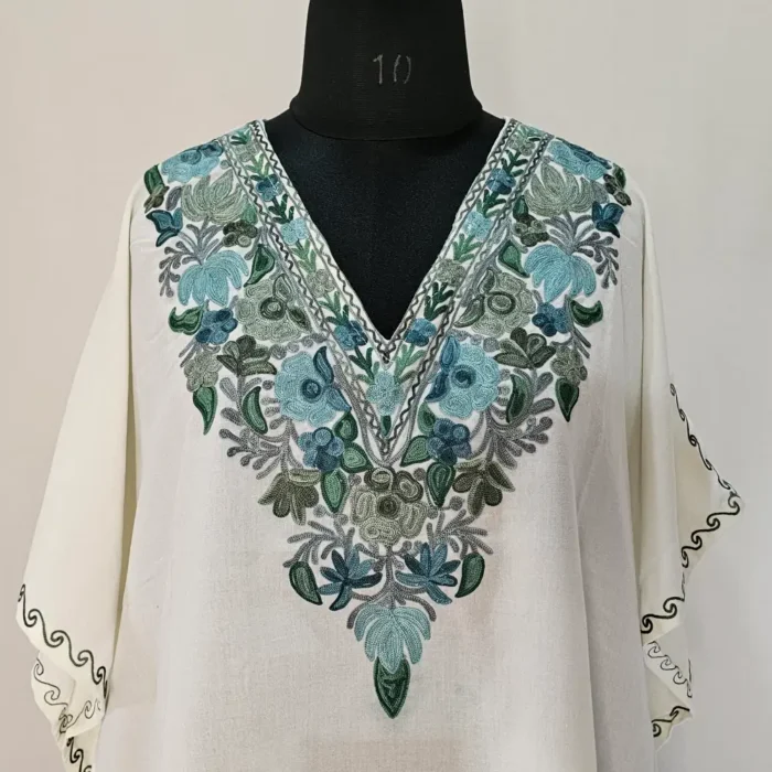 White Short Kashmiri Kaftan | Crop Top | Mini Kaftan With Ariwork - Dal Jheel - Image 2