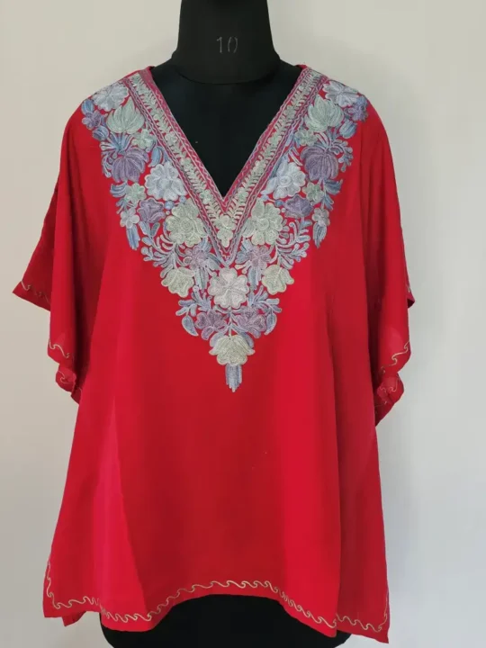 Red Short Kashmiri Kaftan | Crop Top | Mini Kaftan With Ariwork - Dal Jheel
