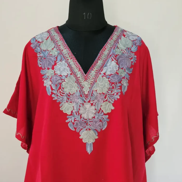 Red Short Kashmiri Kaftan | Crop Top | Mini Kaftan With Ariwork - Dal Jheel - Image 2