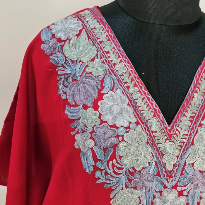 Red Short Kashmiri Kaftan | Crop Top | Mini Kaftan With Ariwork - Dal Jheel - Image 3