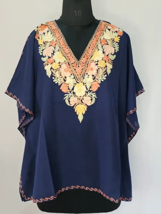 Short Kashmiri Dark Blue Kaftan | Crop Top | Mini Kaftan With Ariwork - Dal Jheel
