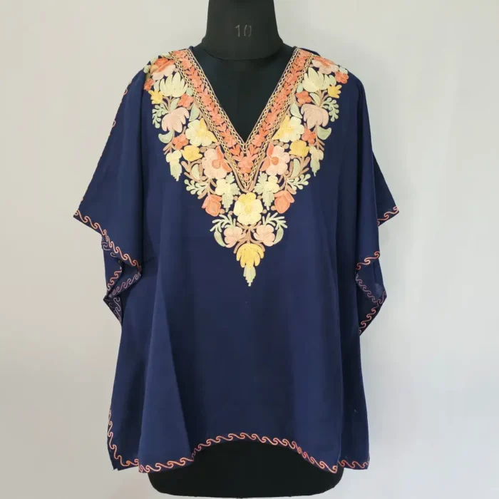 Short Kashmiri Dark Blue Kaftan | Crop Top | Mini Kaftan With Ariwork - Dal Jheel