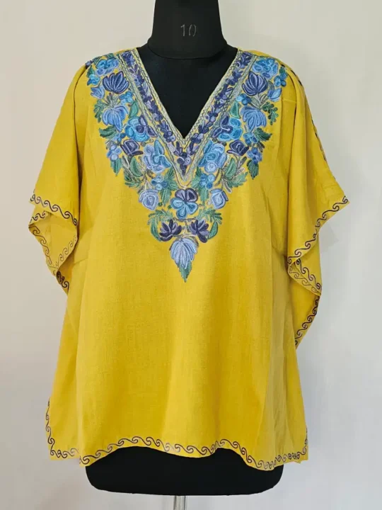 Yellow Short Kashmiri Kaftan | Crop Top | Mini Kaftan With Ariwork - Dal Jheel