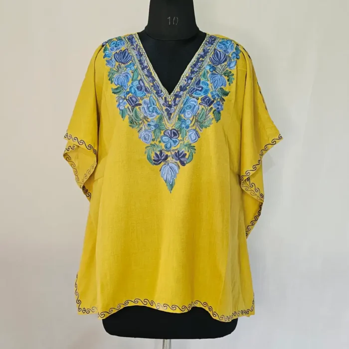 Pastel Yellow Short Kashmiri Kaftan | Crop Top | Mini Kaftan With Ariwork - Dal Jheel
