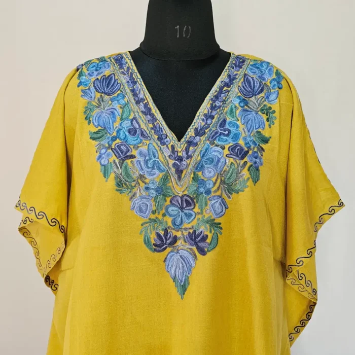 Pastel Yellow Short Kashmiri Kaftan | Crop Top | Mini Kaftan With Ariwork - Dal Jheel - Image 2