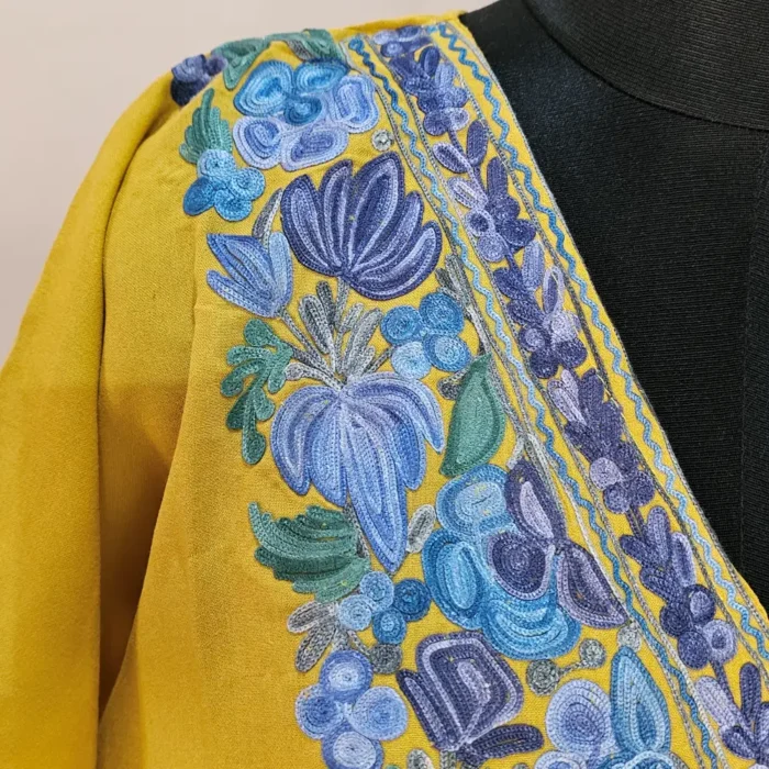 Pastel Yellow Short Kashmiri Kaftan | Crop Top | Mini Kaftan With Ariwork - Dal Jheel - Image 3