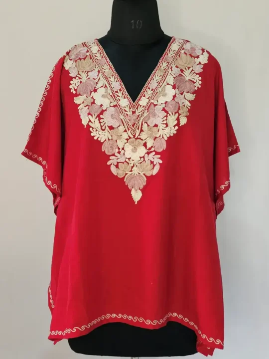 Red Color Short Kashmiri Kaftan | Crop Top | Mini Kaftan With Ariwork - Dal Jheel