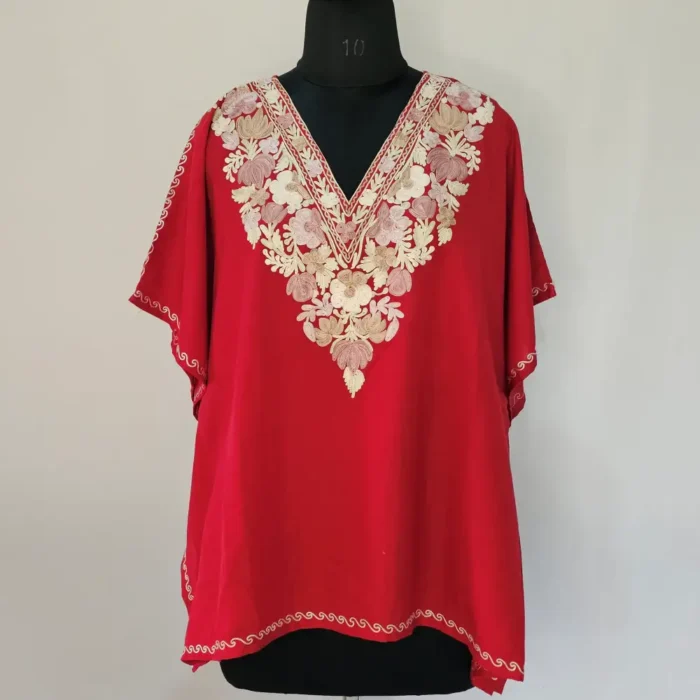 Red Color Short Kashmiri Kaftan | Crop Top | Mini Kaftan With Ariwork - Dal Jheel