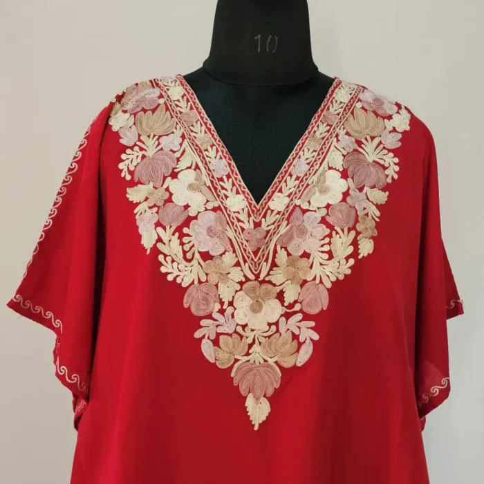 Red Color Short Kashmiri Kaftan | Crop Top | Mini Kaftan With Ariwork - Dal Jheel - Image 2