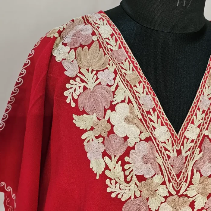 Red Color Short Kashmiri Kaftan | Crop Top | Mini Kaftan With Ariwork - Dal Jheel - Image 3
