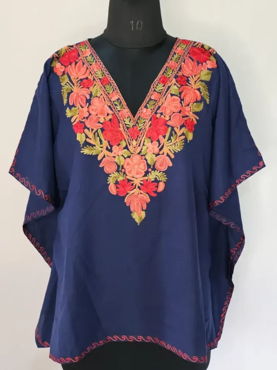 Dark Blue Short Kashmiri Kaftan | Crop Top | Mini Kaftan With Ariwork - Dal Jheel