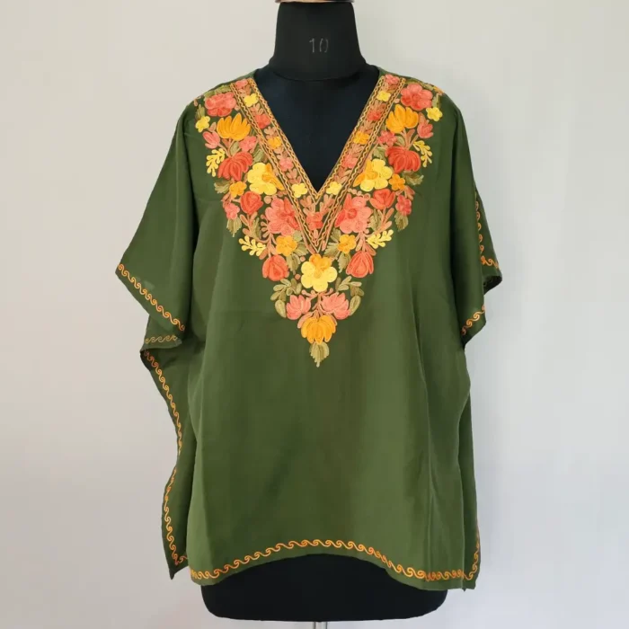 Olive Green Short Kashmiri Kaftan | Crop Top | Mini Kaftan With Ariwork - Dal Jheel