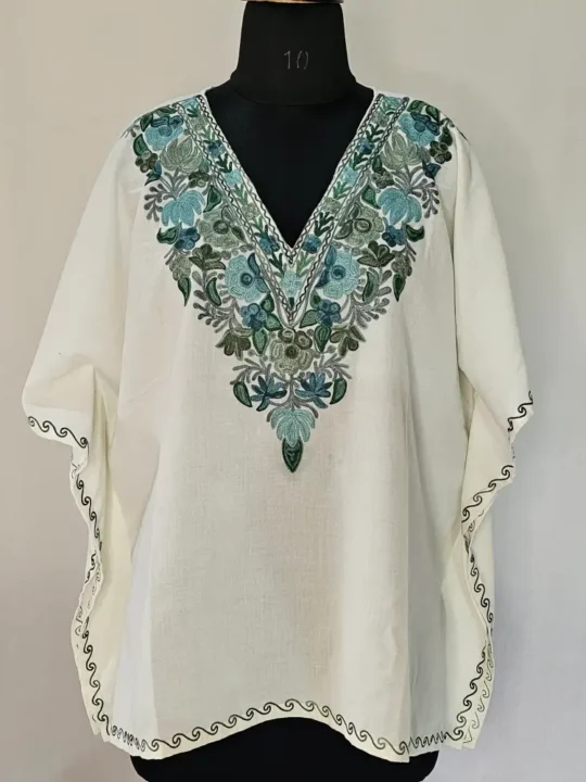 White Short Kashmiri Kaftan | Crop Top | Mini Kaftan With Ariwork - Dal Jheel