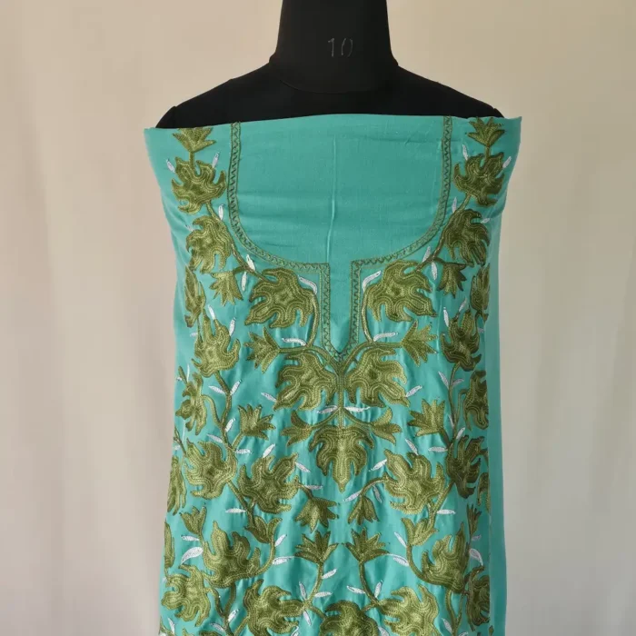 Kashmiri 2PC Summer Cool Green Unstitched Suit Fabric With All over Chinari Ariwork - Khayam - Image 2