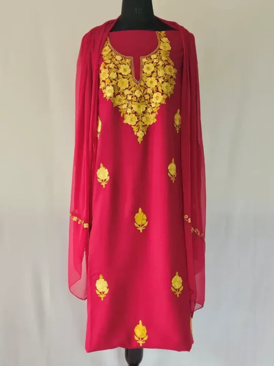 Maroon Color 3PC Summer Cool Kashmiri Suit Fabric With Aari Work Boothis - Khayam