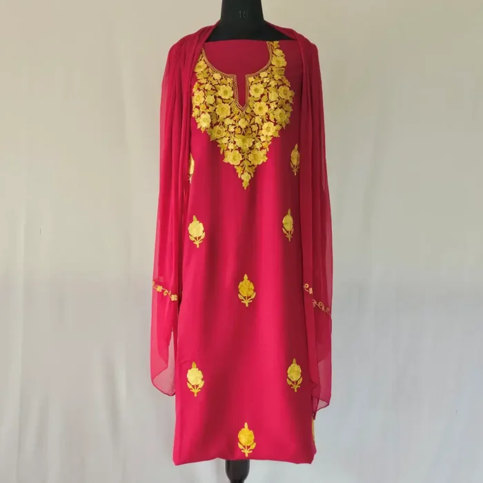 Maroon Color 3PC Summer Cool Kashmiri Suit Fabric With Ariwork Boothis - Khayam