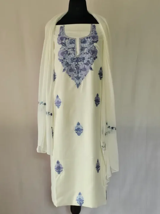 White 3PC Summer Cool Kashmiri Suit Fabric With Aari Work Boothis - Khayam