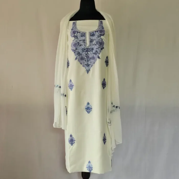 White 3PC Summer Cool Kashmiri Suit Fabric With Ariwork Boothis - Khayam