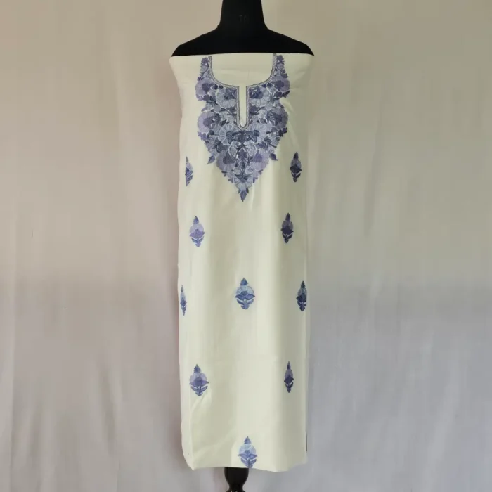 White 3PC Summer Cool Kashmiri Suit Fabric With Ariwork Boothis - Khayam - Image 2