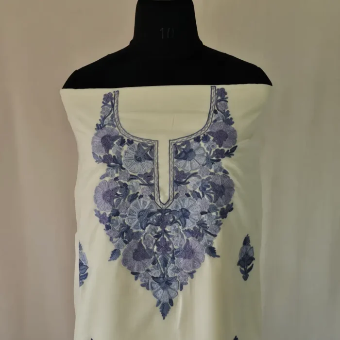 White 3PC Summer Cool Kashmiri Suit Fabric With Ariwork Boothis - Khayam - Image 3