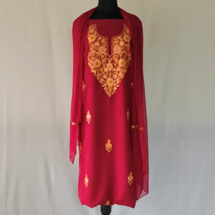 3PC Summer Cool Kashmiri Maroon Suit Fabric With Ariwork Boothis - Khayam