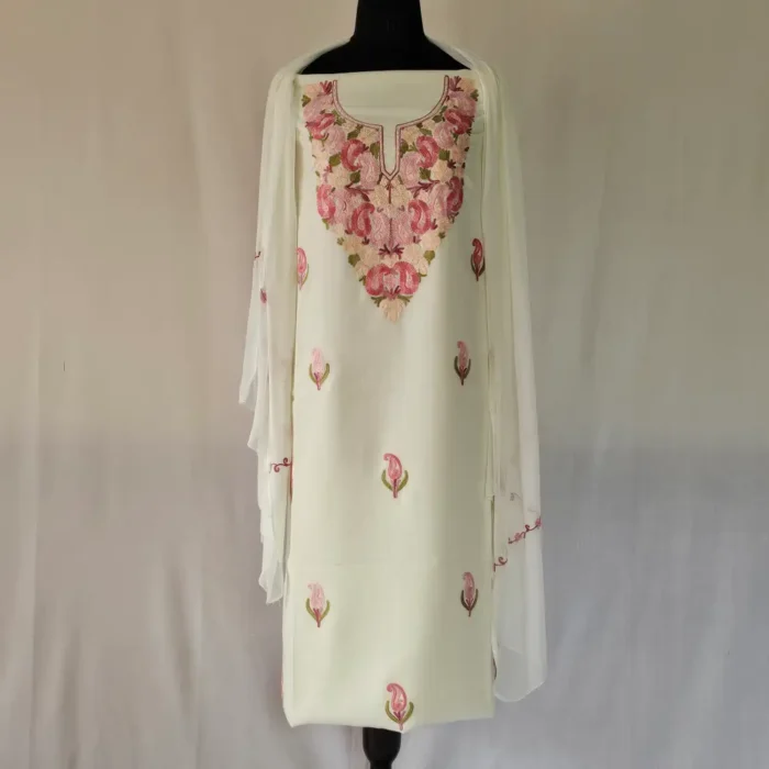 3PC White Summer Cool Kashmiri Suit Fabric With Ariwork Boothis - Khayam