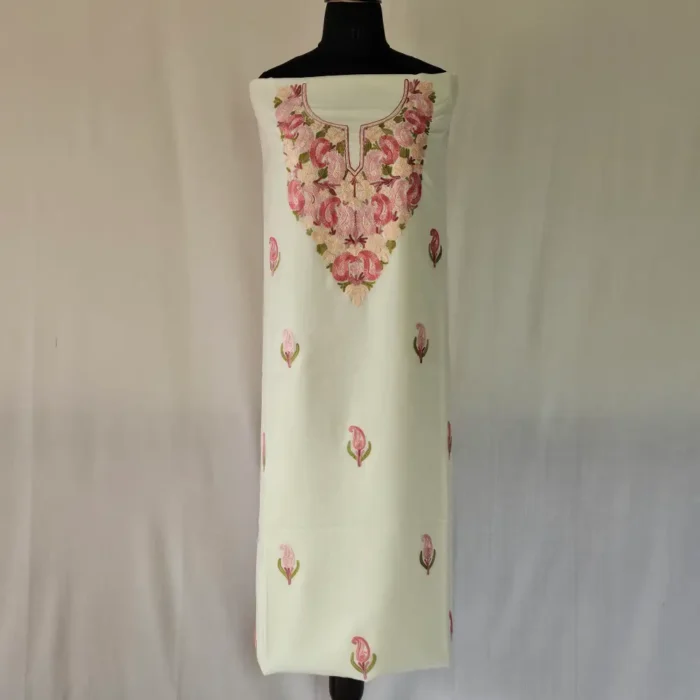 3PC White Summer Cool Kashmiri Suit Fabric With Ariwork Boothis - Khayam - Image 2