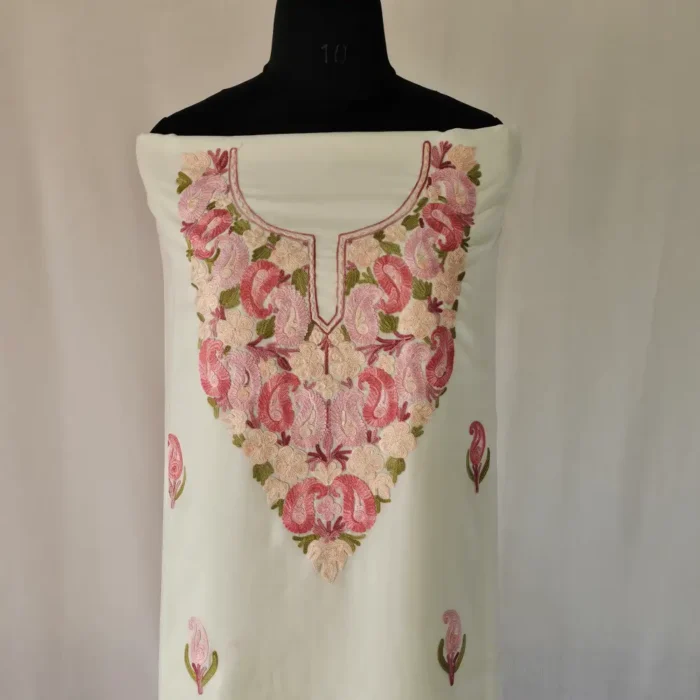 3PC White Summer Cool Kashmiri Suit Fabric With Ariwork Boothis - Khayam - Image 3
