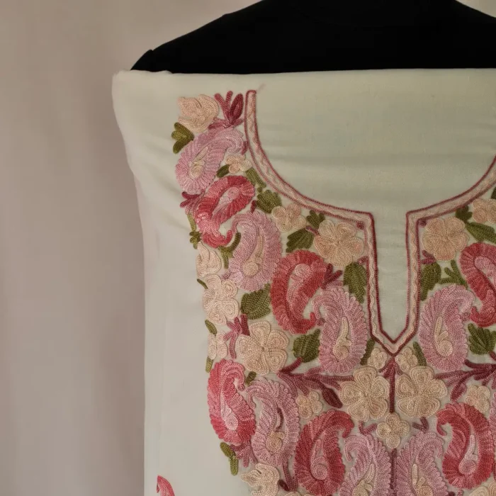 3PC White Summer Cool Kashmiri Suit Fabric With Ariwork Boothis - Khayam - Image 4