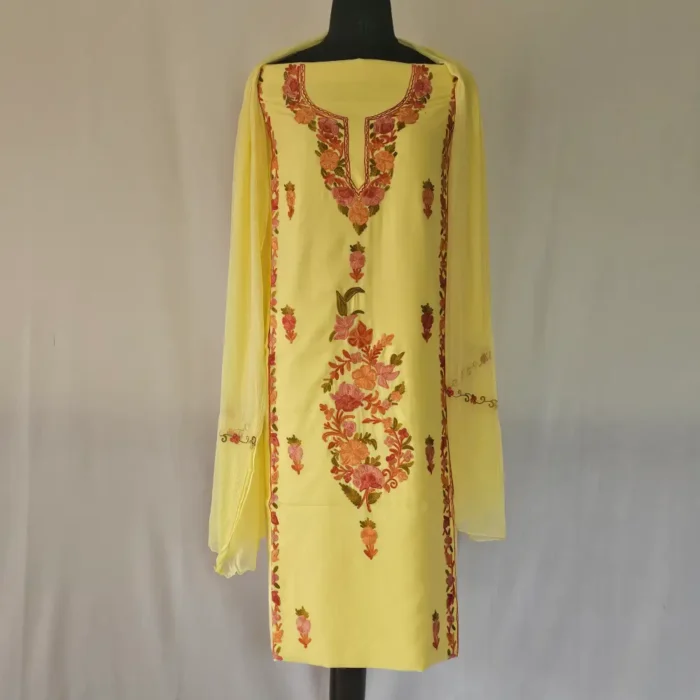 Pastel Yellow 3PC Summer Cool Kashmiri Suit Fabric With Ariwork Boothis - Khayam