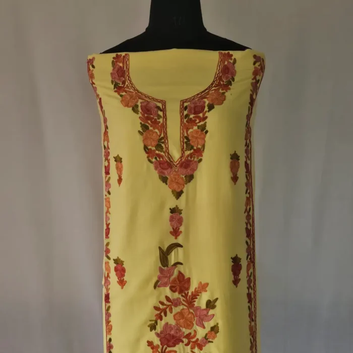 Pastel Yellow 3PC Summer Cool Kashmiri Suit Fabric With Ariwork Boothis - Khayam - Image 2