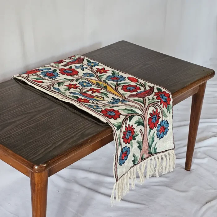 Traditional Kashmiri Bedside Runner in Dusooty Cotton with Chain Stitch Embroidery (5×1 ft) - Image 2
