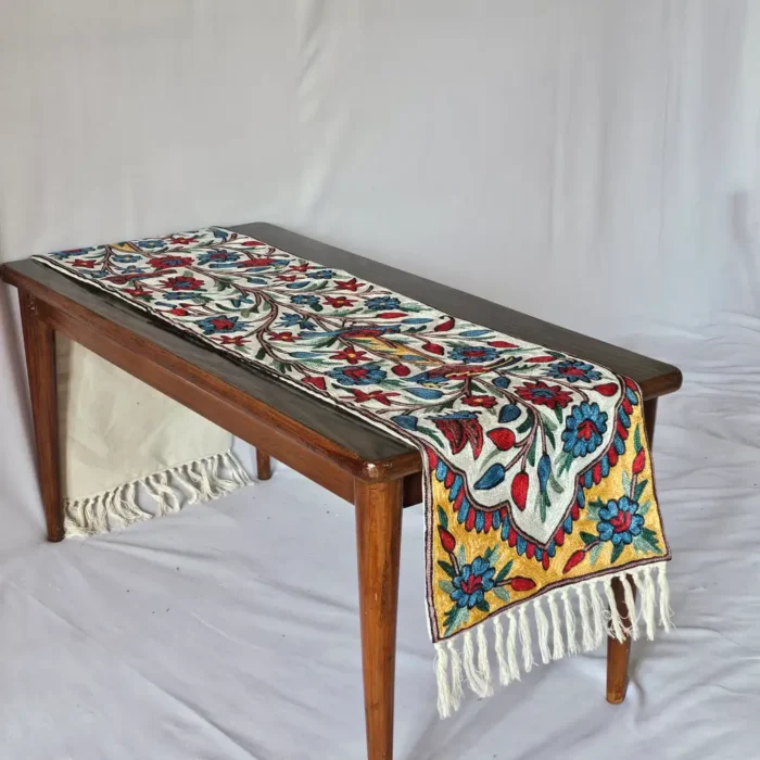 Traditional Kashmiri Bedside Runner in Dusooty Cotton with Chain Stitch Embroidery (5×1 ft)