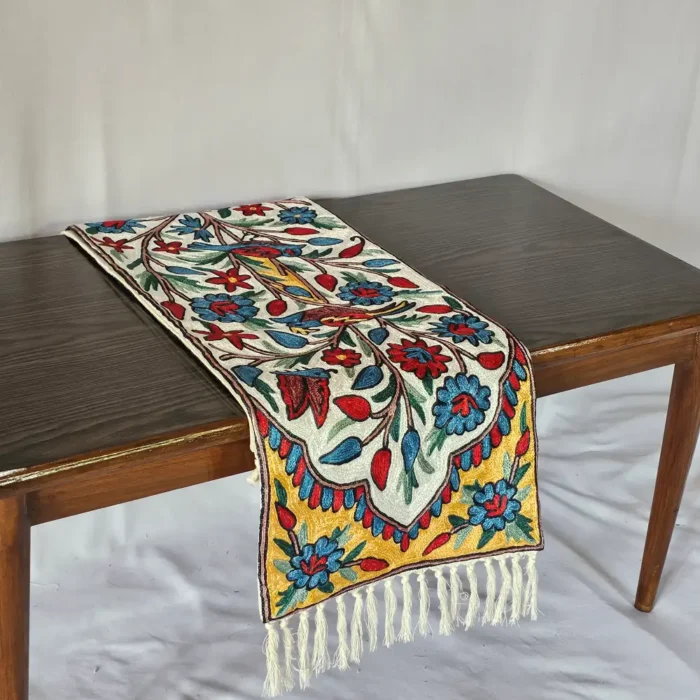 Traditional Kashmiri Bedside Runner in Dusooty Cotton with Chain Stitch Embroidery (5×1 ft) - Image 3