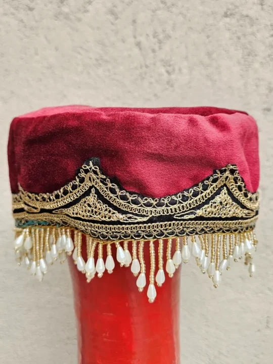 Mahi Gul Kashmiri Bridal Maroon Velvet Cap with Tilla Embroidery